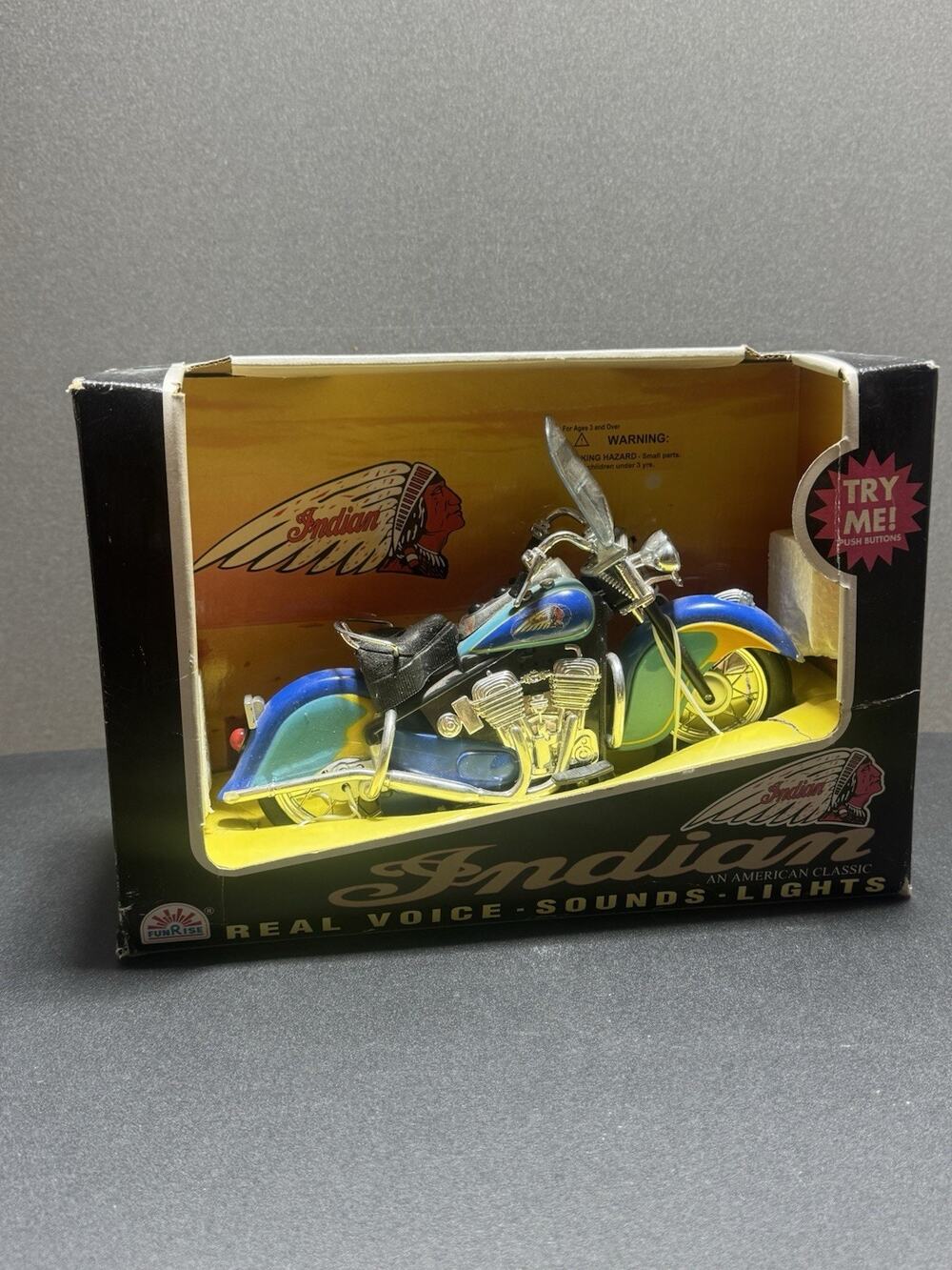 Vintage 1995 Funrise Indian Motorcycle Real Voice Sounds Lights #02052 Box